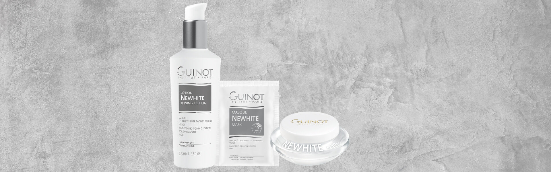Guinot Newhite Pflegeserie – aufhellende Gesichtspflege gegen Pigmentflecken für einen ebenmäßigen, strahlenden Teint.
