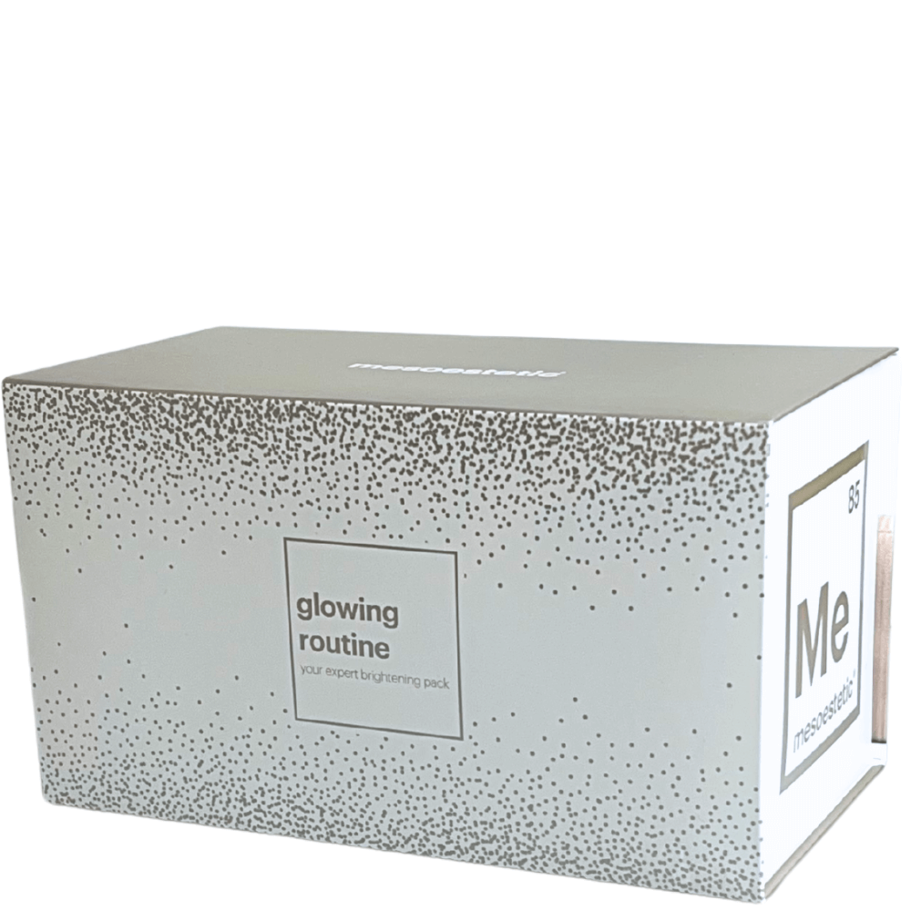 Edle Geschenkbox des Mesoestetic Brightening Kits – luxuriöse Brightening-Pflegeroutine für Leuchtkraft und gleichmäßigen Teint.