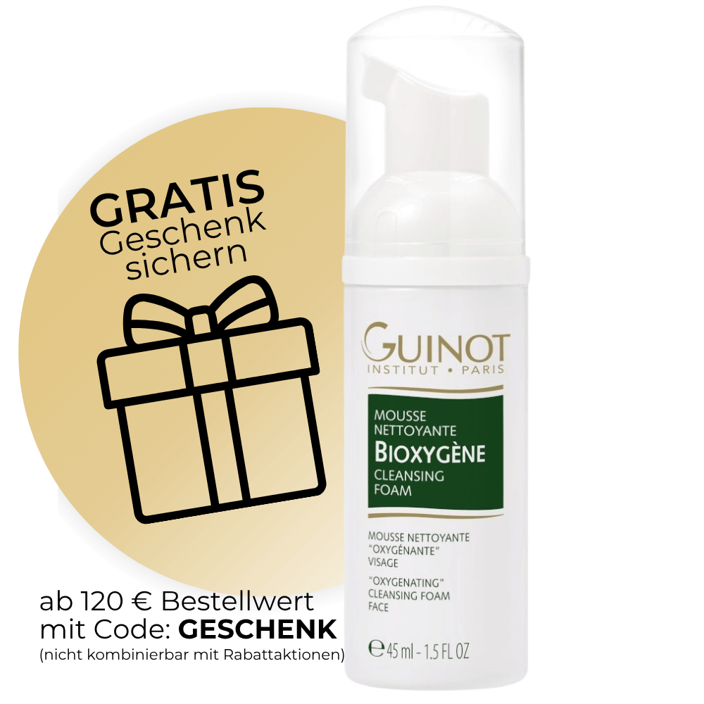 Guinot Mousse Bioxygène Reinigungsschaum in Reisegröße mit Gratis-Geschenk-Hinweis bei 120 € Bestellwert. Produktabbildung mit weiß-grünem Design und Pumpspender.