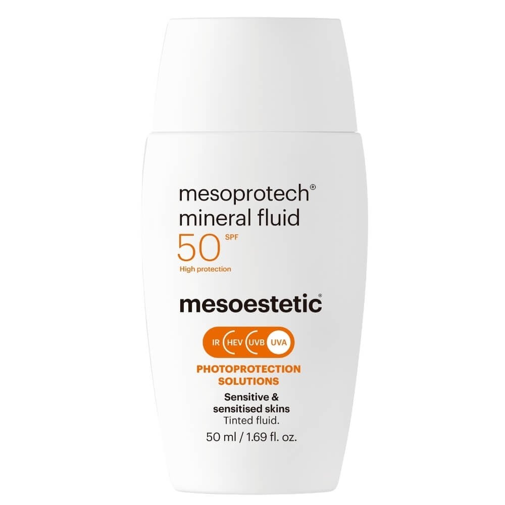 Leichtes Sonnenschutz-Fluid mit mineralischen Filtern von Mesoestetic – bietet hohen Schutz vor UVA- und UVB-Strahlen, ideal für empfindliche und intolerante Hauttypen.