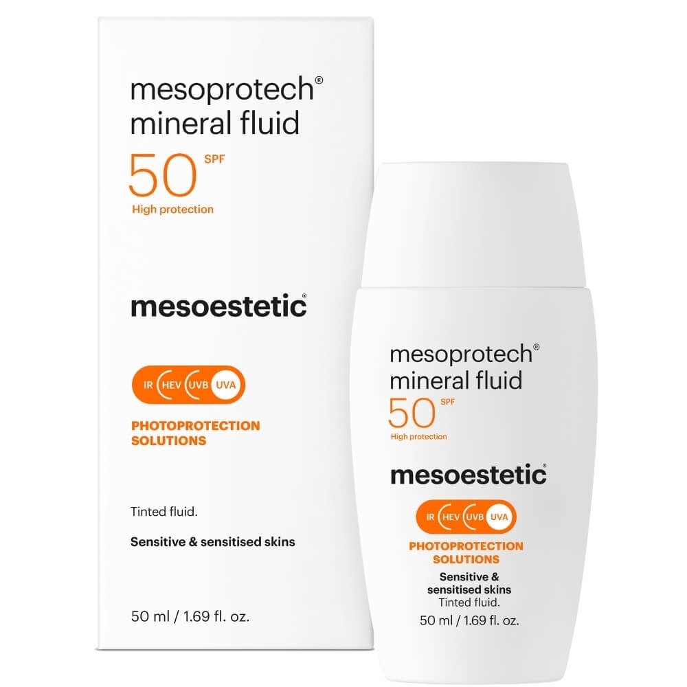 Mesoestetic Mesoprotech Mineral Fluid 50+ inklusive Originalverpackung – mineralischer Sonnenschutz mit hohem Lichtschutzfaktor, speziell entwickelt für empfindliche oder reaktive Haut.