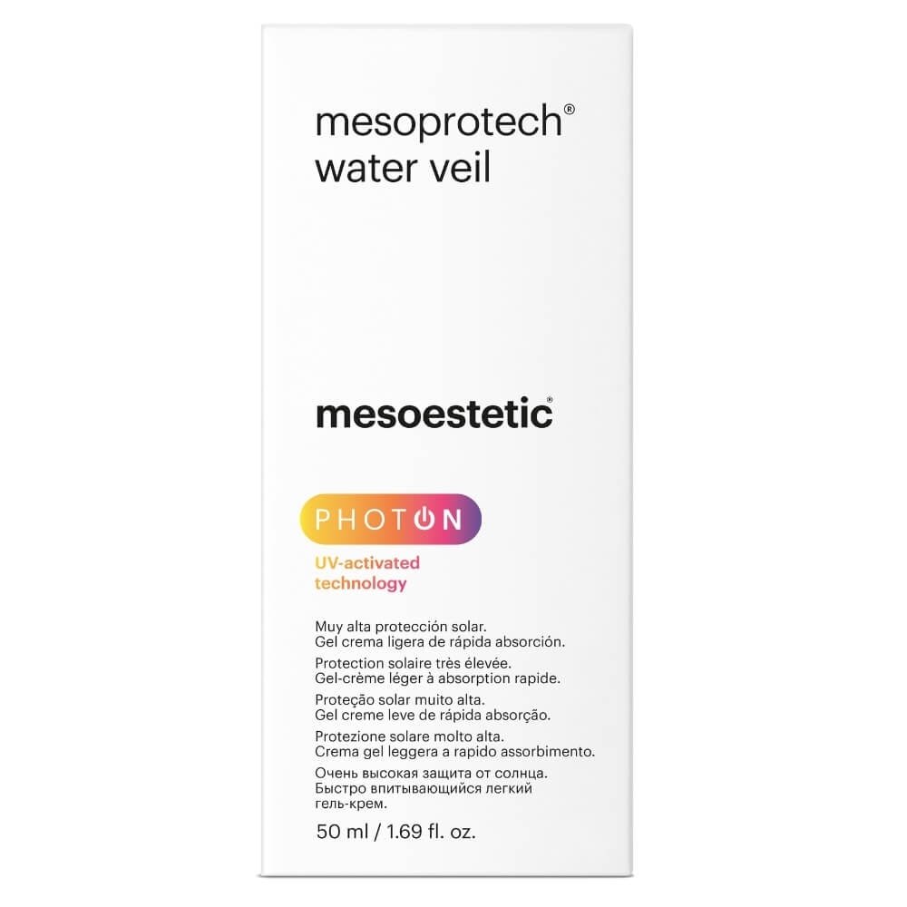 Mesoprotech Water Veil SPF50 Rückseite – Produktinformationen zur innovativen Sonnenpflege für empfindliche Haut.