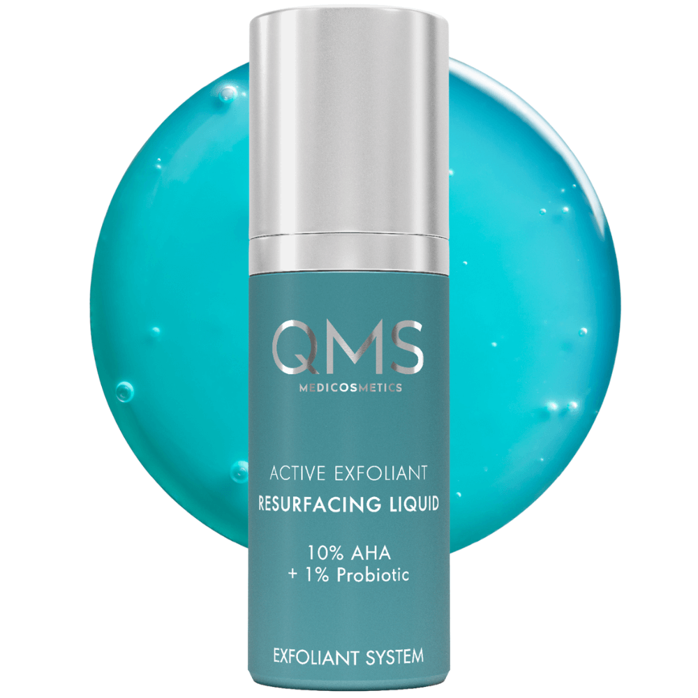 QMS 10% AHA + 1% Probiotic Peeling mit türkisfarbener Geltextur – glättendes Liquid-Peeling