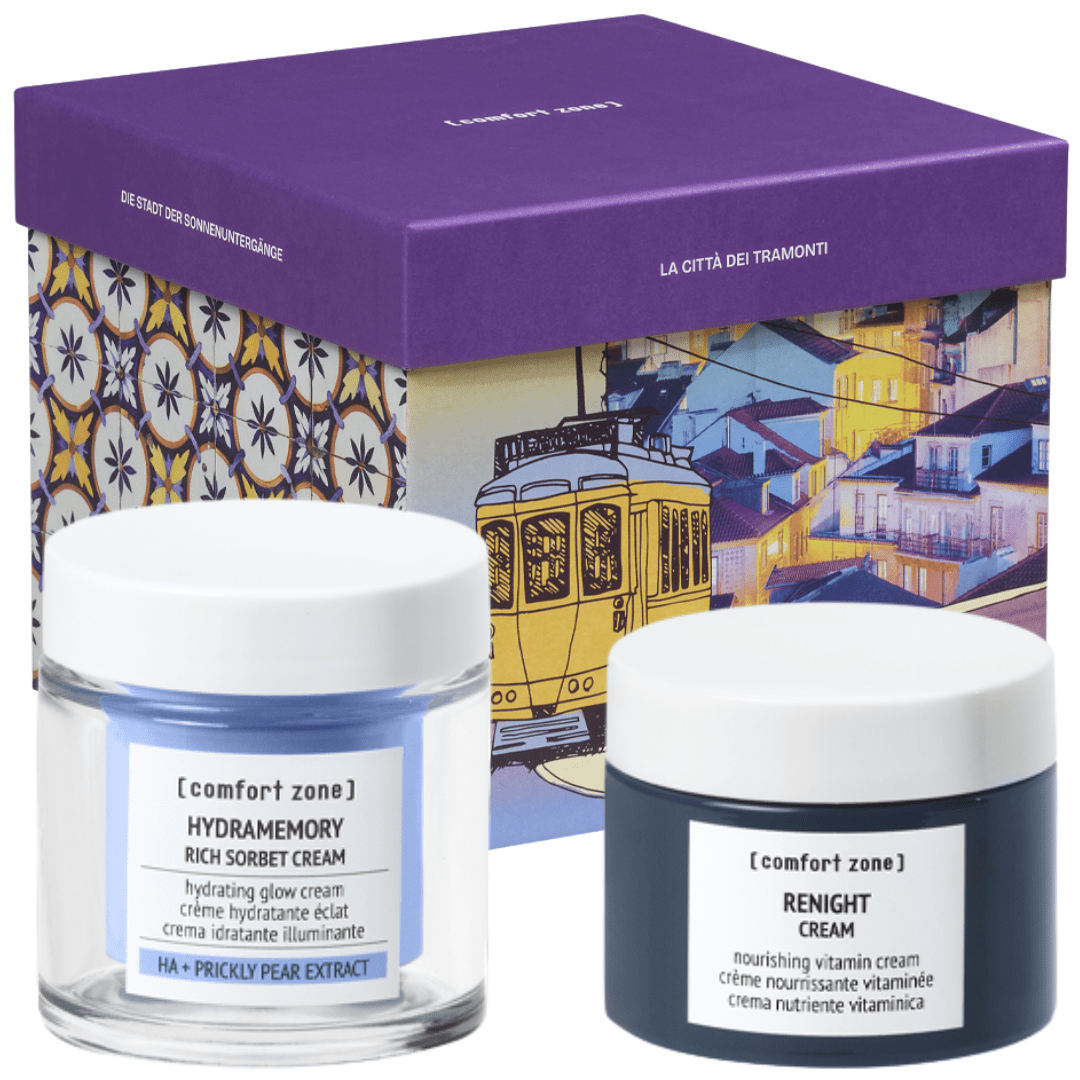 Nahaufnahme des The City of Sunsets Pflege-Sets von Comfort Zone – Tages- und Nachtcreme für gepflegte, glatte und strahlende Haut.