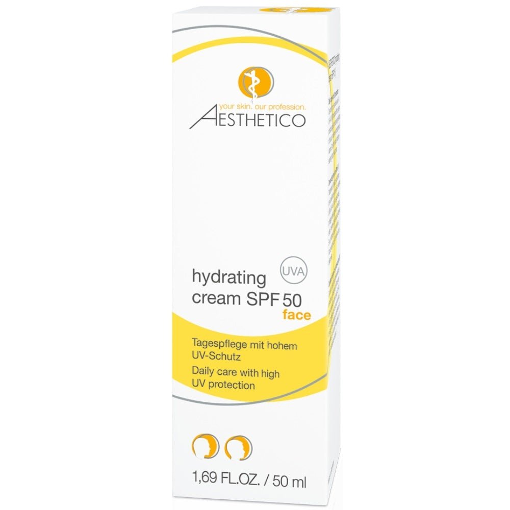 Umverpackung der AESTHETICO Hydrating Cream SPF 50 – 50 ml feuchtigkeitsspendende Gesichtscreme mit hohem UV-Schutz für empfindliche Haut