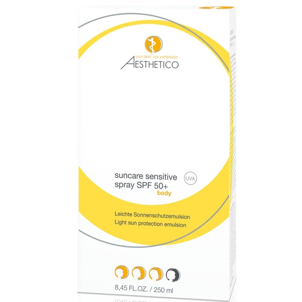 Umverpackung des AESTHETICO Suncare Sensitive Spray SPF 50 – 250 ml leichtes Sonnenspray mit hohem UV-Schutz für empfindliche Haut