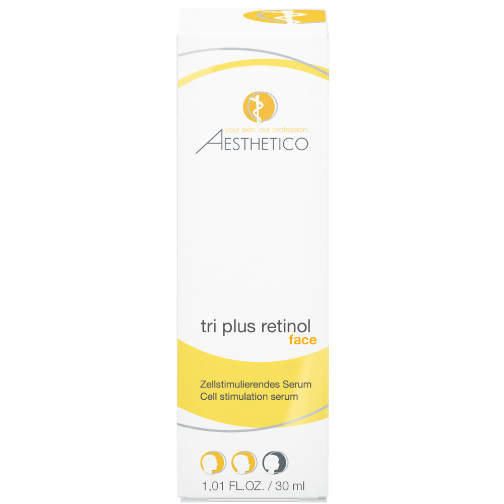 Umverpackung des AESTHETICO Tri Plus Retinol – 30 ml, hochwertiges Retinol-Serum zur Unterstützung der Hauterneuerung und Glättung
