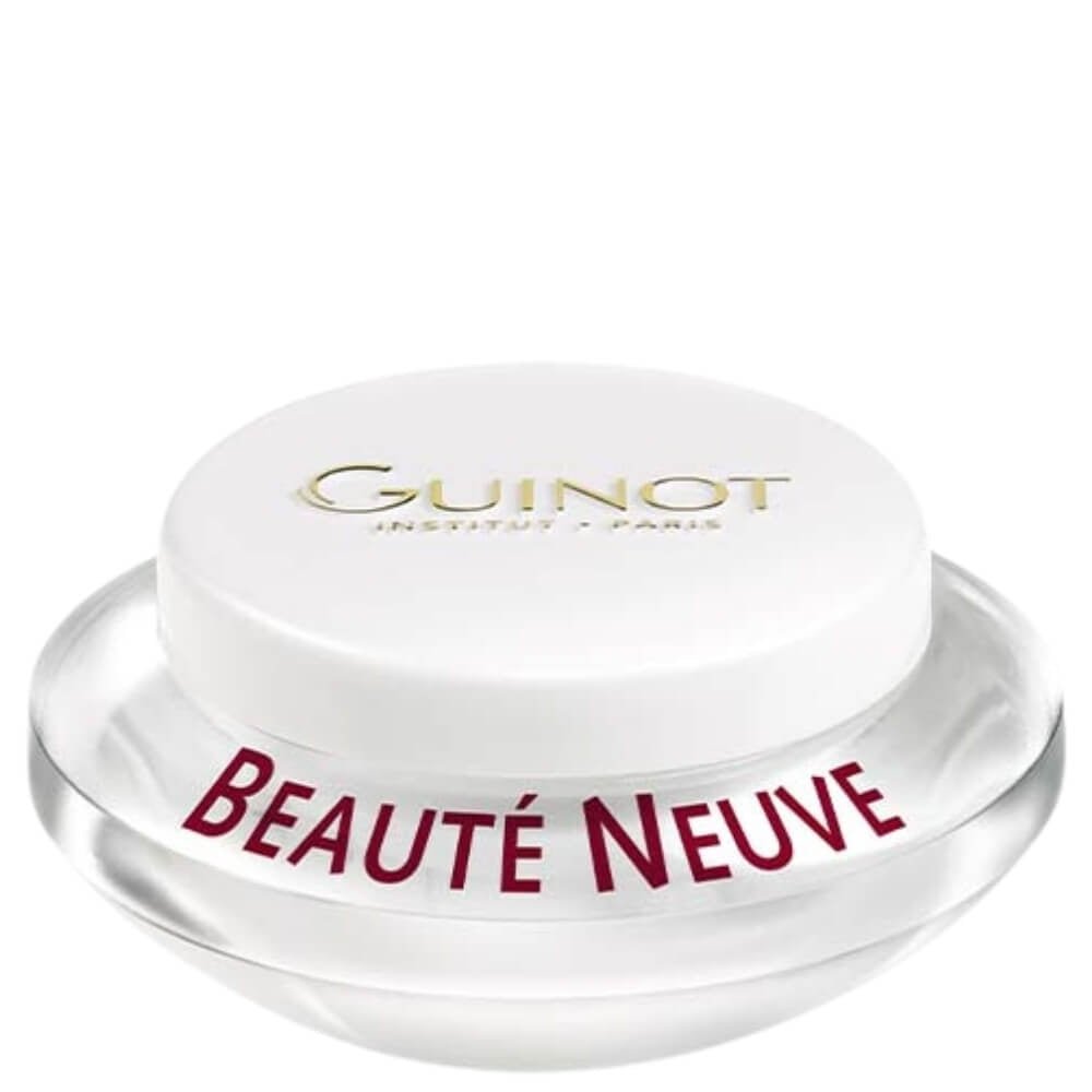 Guinot Beauté Neuve Creme in transparentem Tiegel mit weißem Deckel, erneuernde Pflege für einen strahlenden und ebenmäßigen Teint