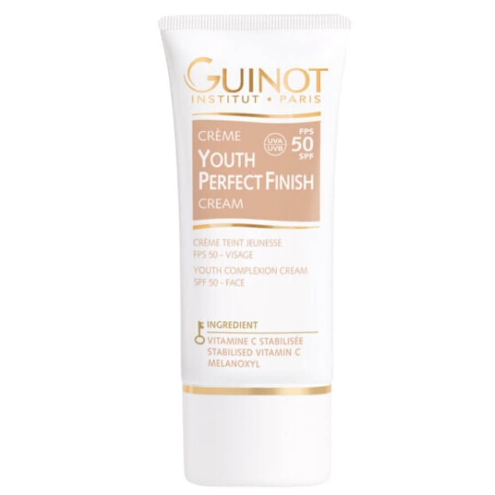Guinot Youth Perfect Finish Creme SPF 50 30ml in weißer Tube, getönte Anti-Aging Pflege mit UV-Schutz für einen strahlenden und ebenmäßigen Teint