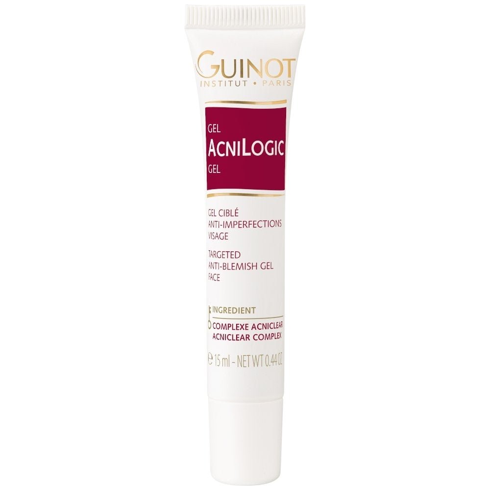 Guinot Gel AcniLogic 15ml in einer weißen Tube mit präziser Spitze, klärendes Anti-Pickel Gel zur Reduzierung von Unreinheiten und zur Mattierung der Haut