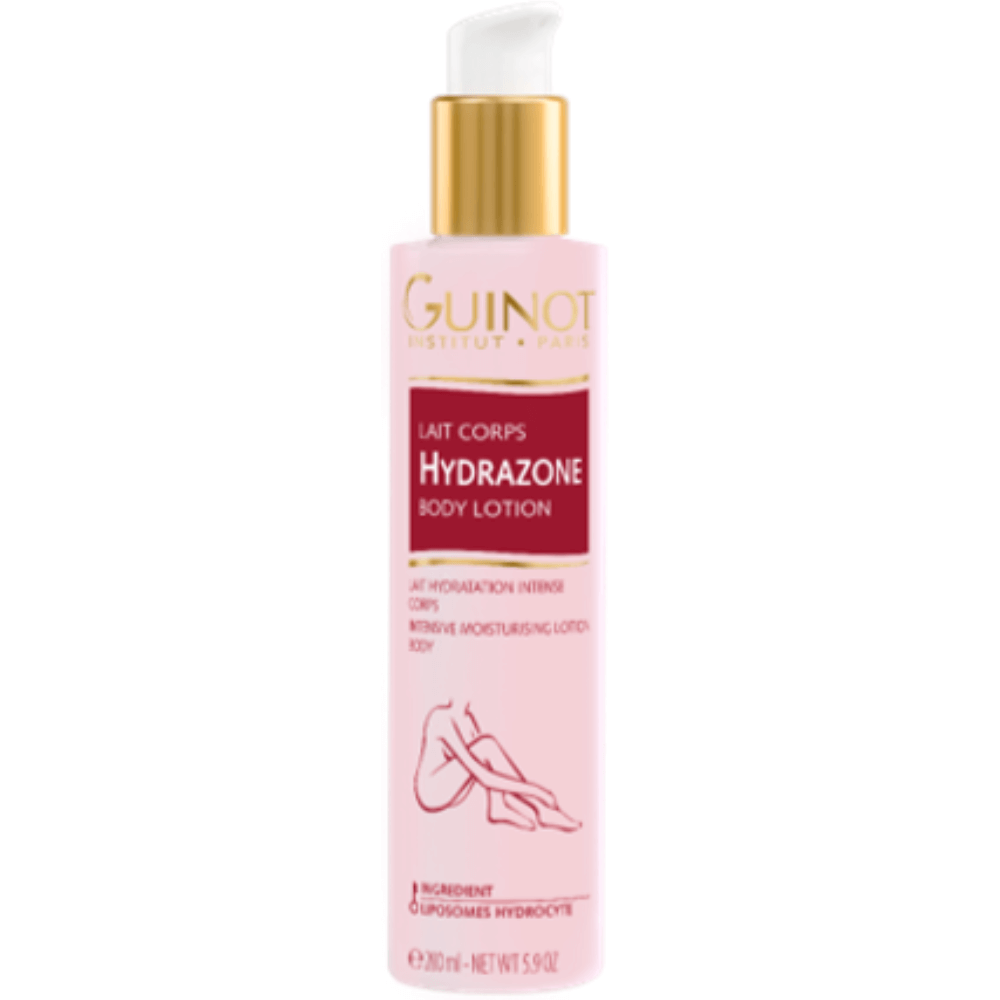 Guinot Hydrazone Body Lotion 200ml in weißer Flasche mit goldener Kappe, feuchtigkeitsspendende und leichte Körperlotion für trockene und normale Haut
