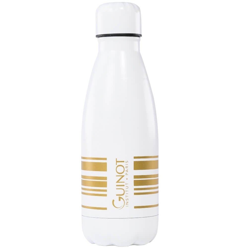 Guinot Isoflasche in weißem Design mit goldenem Logo, praktische und stilvolle Isolierflasche für heiße und kalte Getränke unterwegs
