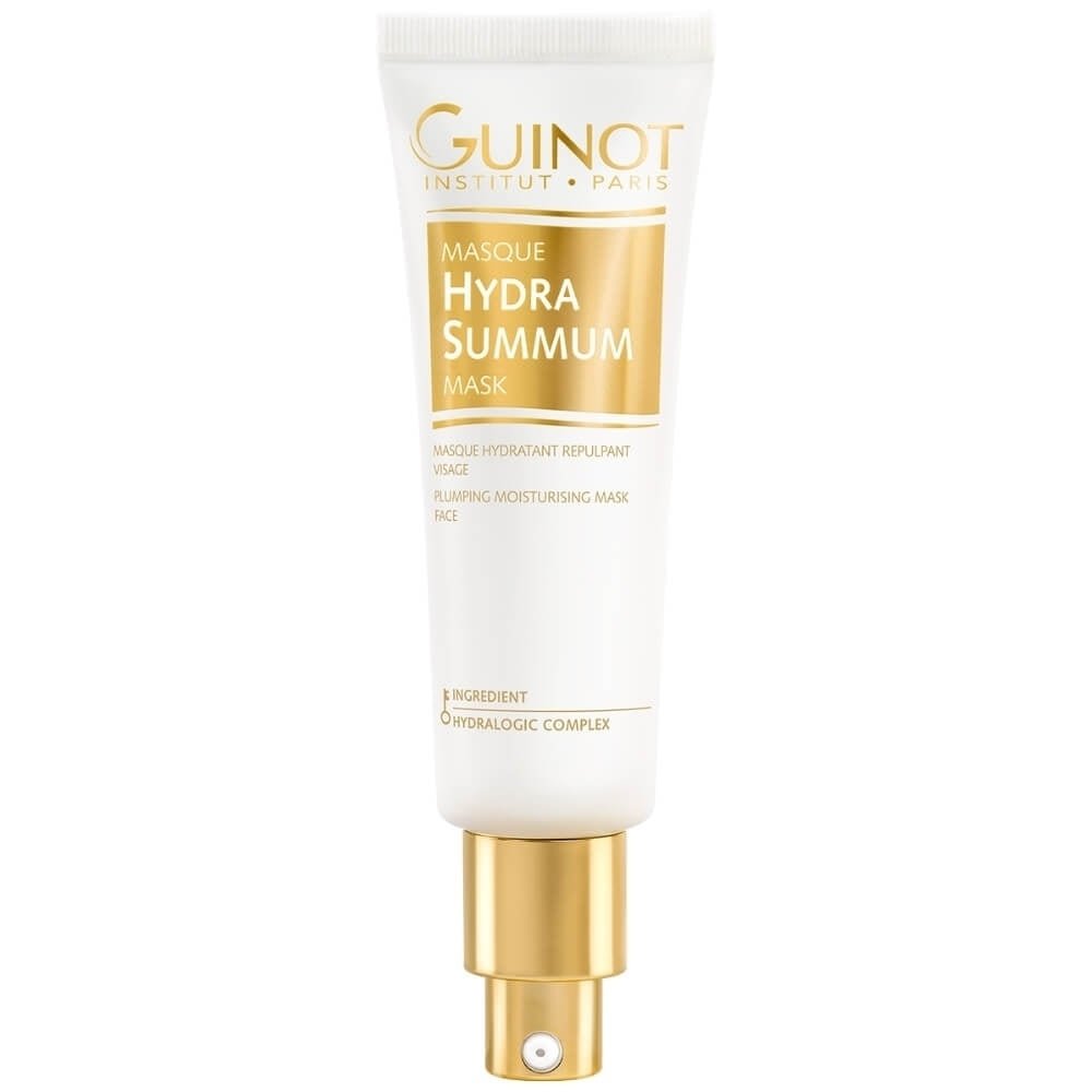 Guinot Masque Hydra Summum 50ml in weißer Tube mit goldenen Akzenten, intensiv feuchtigkeitsspendende Maske für eine hydratisierte, glatte und strahlende Haut.