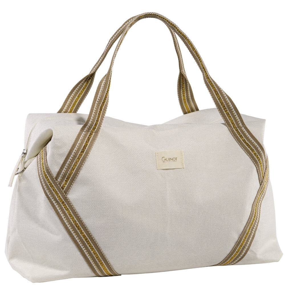 Guinot Weekend Bag SUN, stilvolle weiße Kosmetiktasche mit goldenem Logo, ideal zur Aufbewahrung von Sonnenschutz- und Pflegeprodukten für unterwegs.