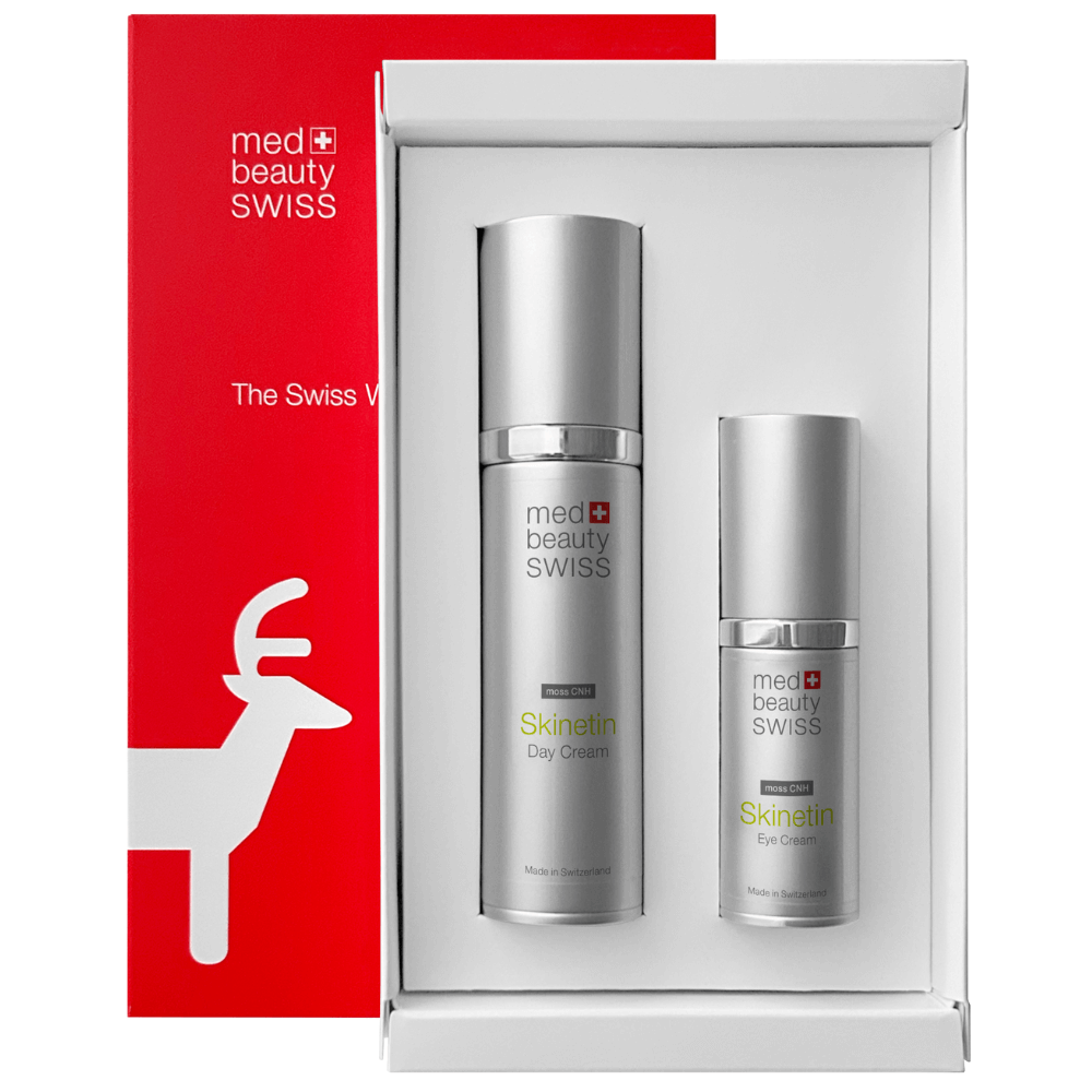 Med Beauty Swiss Skinetin moss CNH Pflegeset – luxuriöses Geschenkset mit Skinetin Day Cream und Eye Cream in roter Box mit Swiss-Design