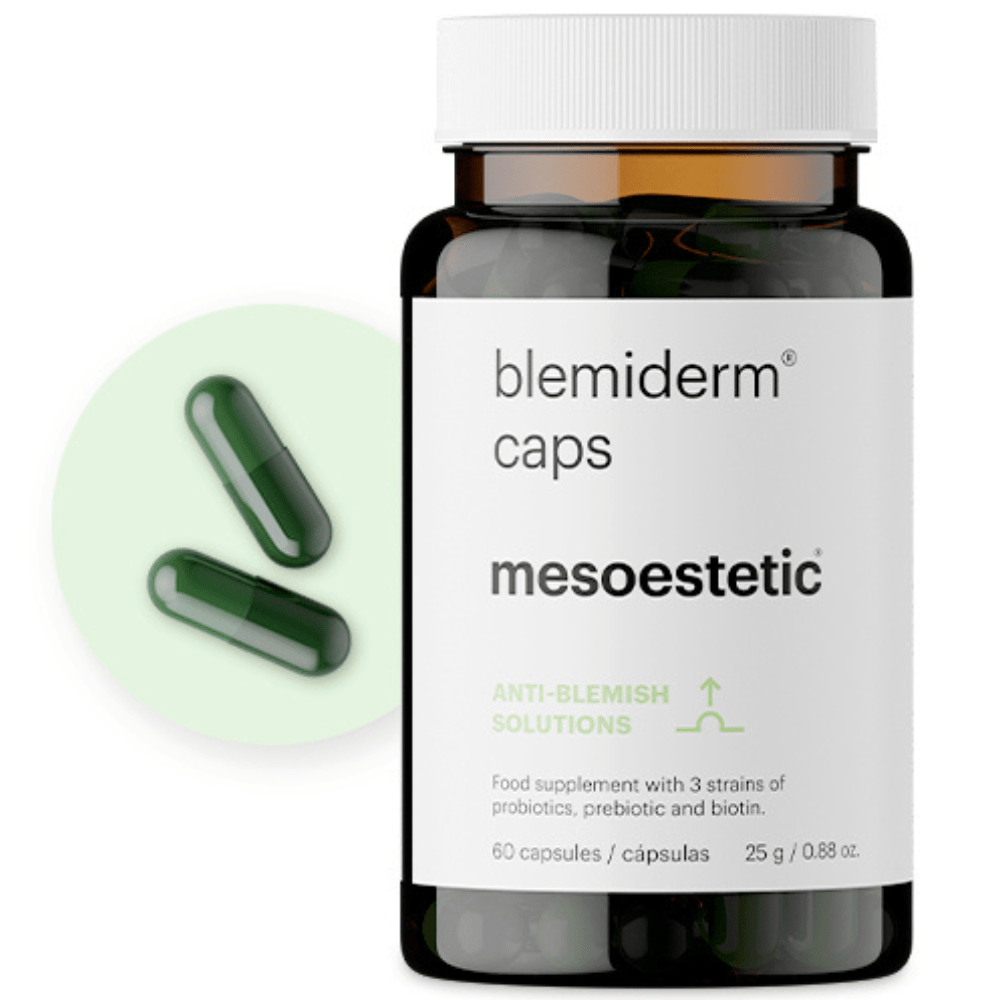 Mesoestetic Blemiderm Probiocaps – Darstellung der Verpackung und probiotischen Kapseln zur gezielten Aknepflege