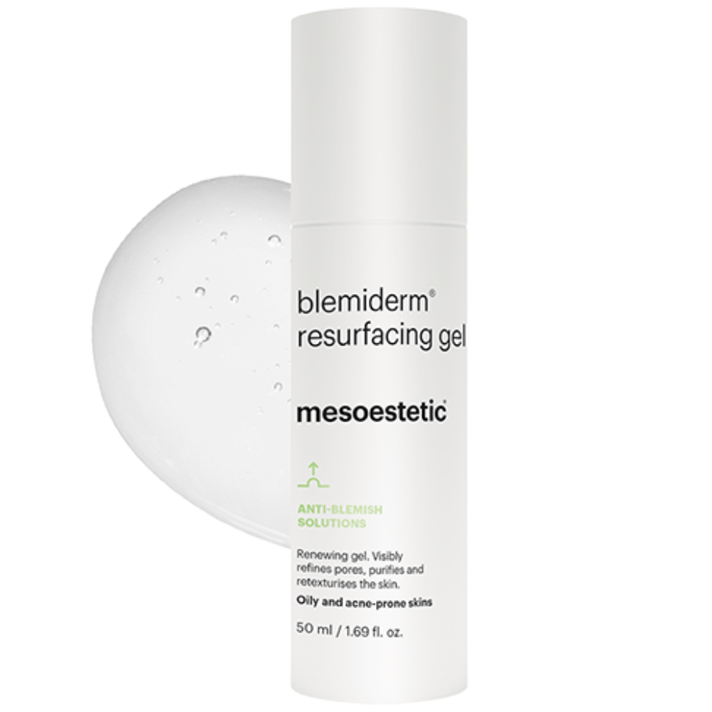 Mesoestetic Blemiderm Resurfacing Gel 50ml – Nahaufnahme der Textur und des Produkts zur Hauterneuerung und gezielten Aknepflege