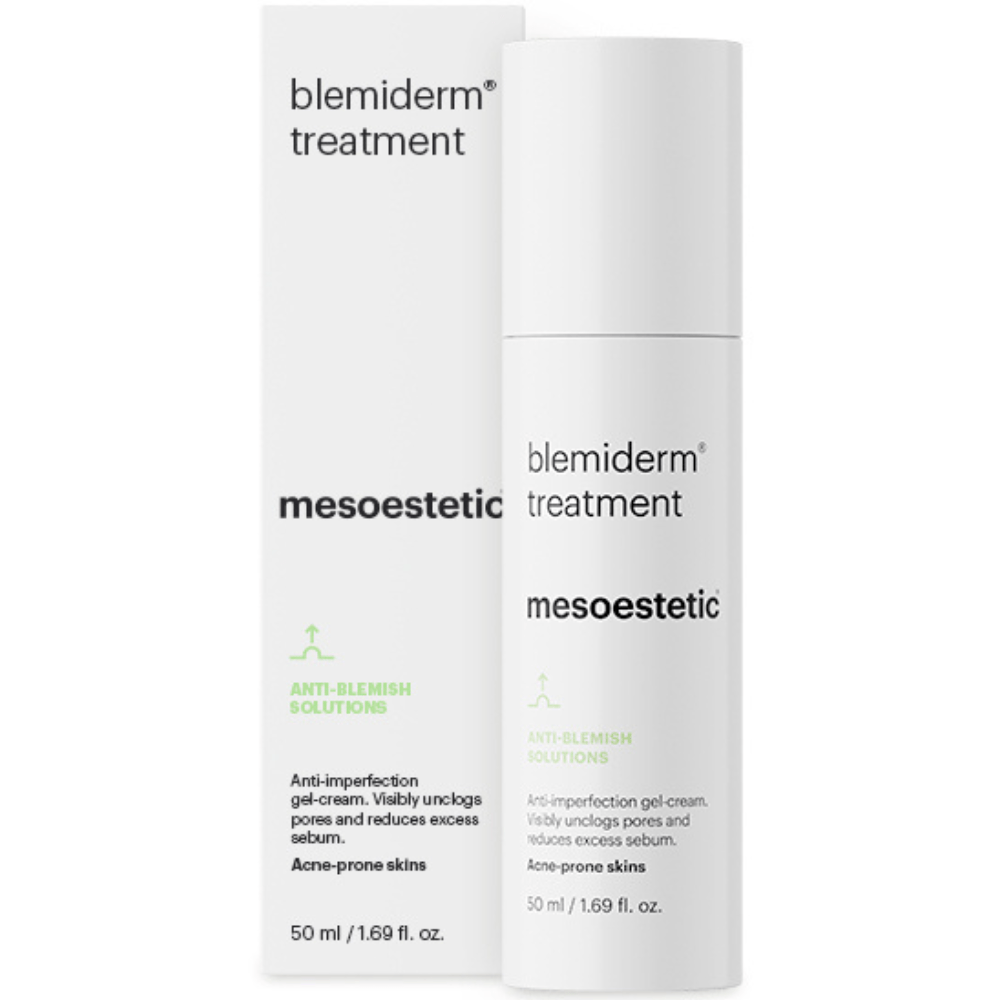Mesoestetic Blemiderm Treatment Cream inkl. Verpackung – Produktfoto der Aknebehandlungscreme zur gezielten Pflege von Hautunreinheiten