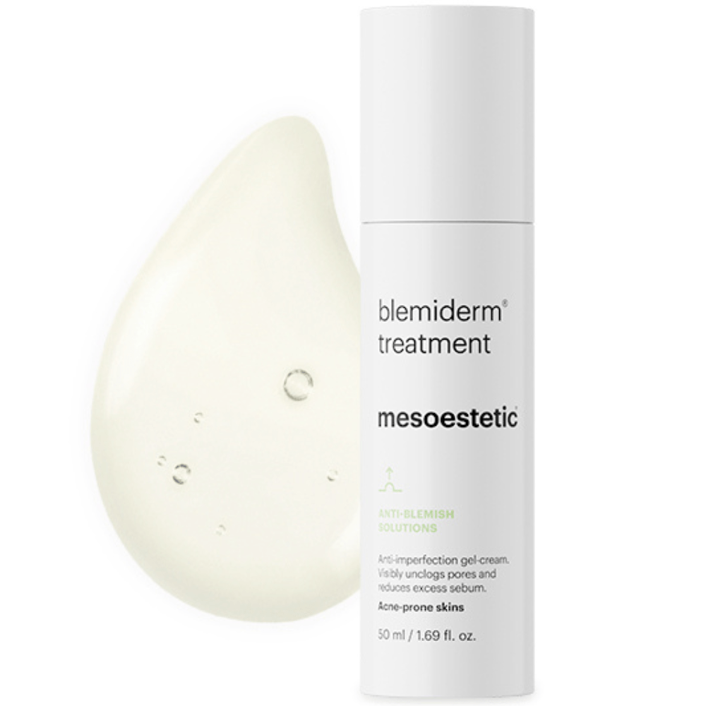 Mesoestetic Blemiderm Treatment Cream inkl. Textur – Nahaufnahme der cremigen Konsistenz zur gezielten Behandlung von Akne und Hautunreinheiten