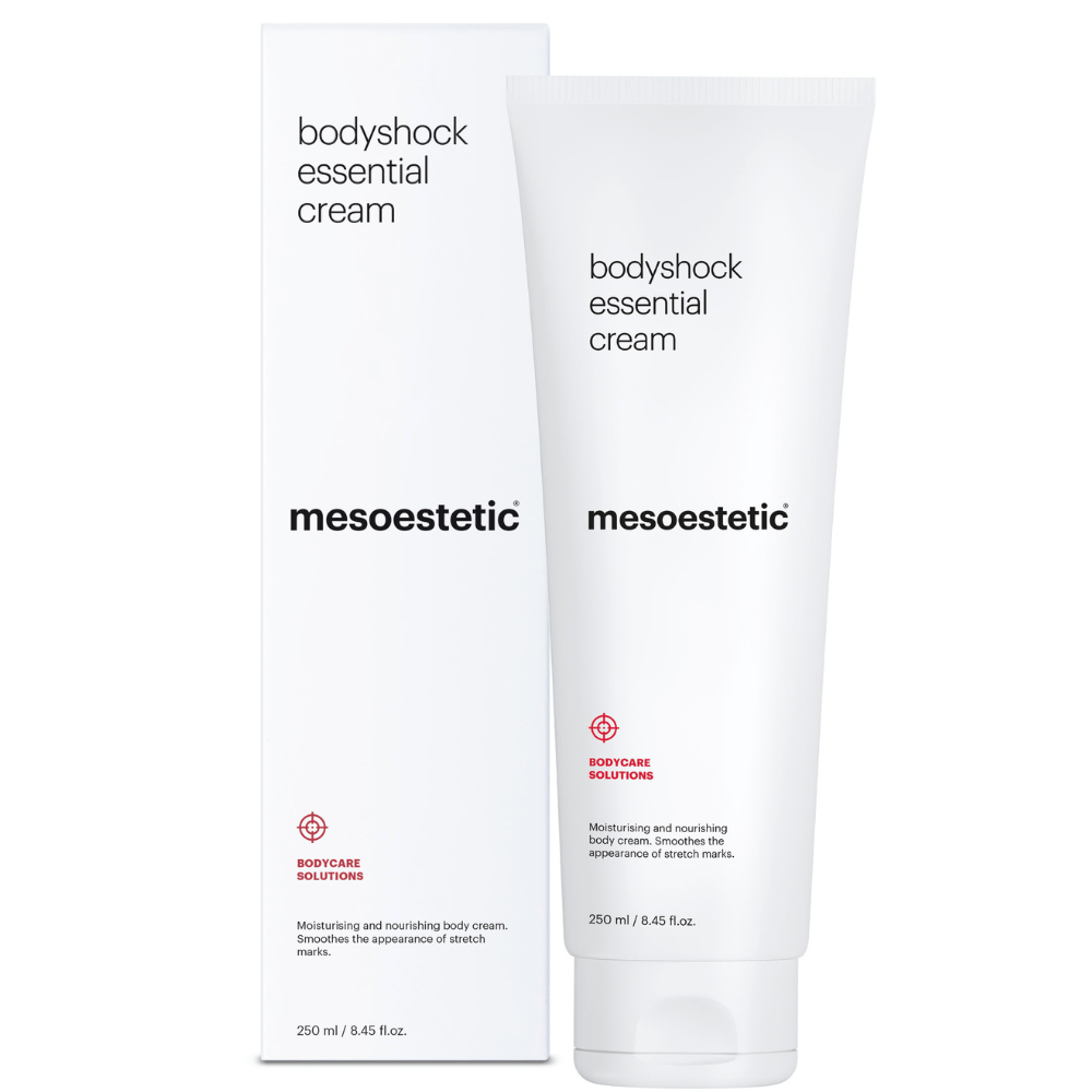 Mesoestetic Bodyshock Essential Cream mit Verpackung – Produktfoto der essenziellen Körpercreme zur Anti-Cellulite Pflege inklusive Außenverpackung