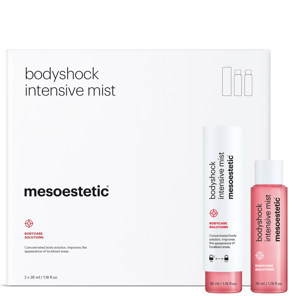 Mesoestetic Bodyshock Intensive Mist 2x35ml – Produktfoto mit Verpackung, ideal zur Erfrischung und Straffung der Haut
