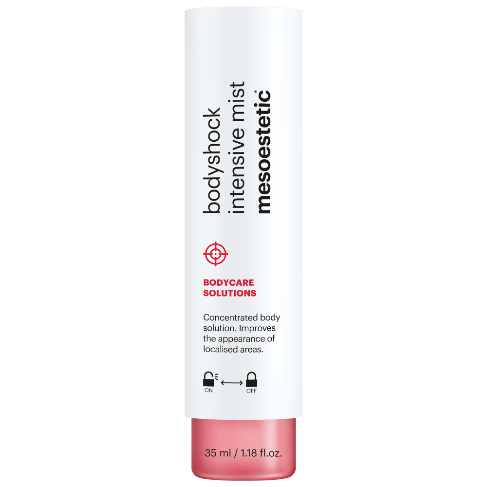 Mesoestetic Bodyshock Intensive Mist 1x35ml – Produktfoto der einzelnen Flasche mit Kappe, ideal zur Erfrischung und Straffung der Haut