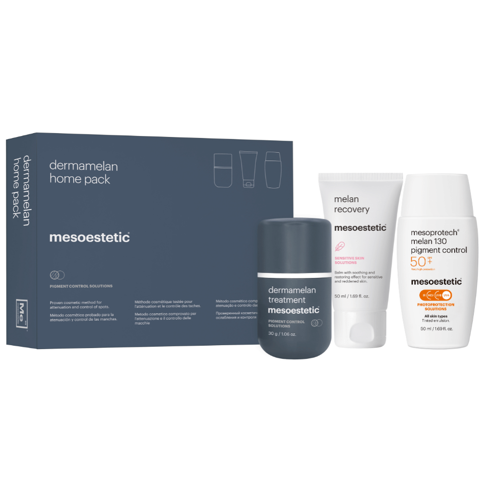 Produktabbildung: Dermamelan® Home Pack Box von mesoestetic – kosmetische Lösung gegen Melasma, Sonnenschäden und ungleichmäßigen Hautton