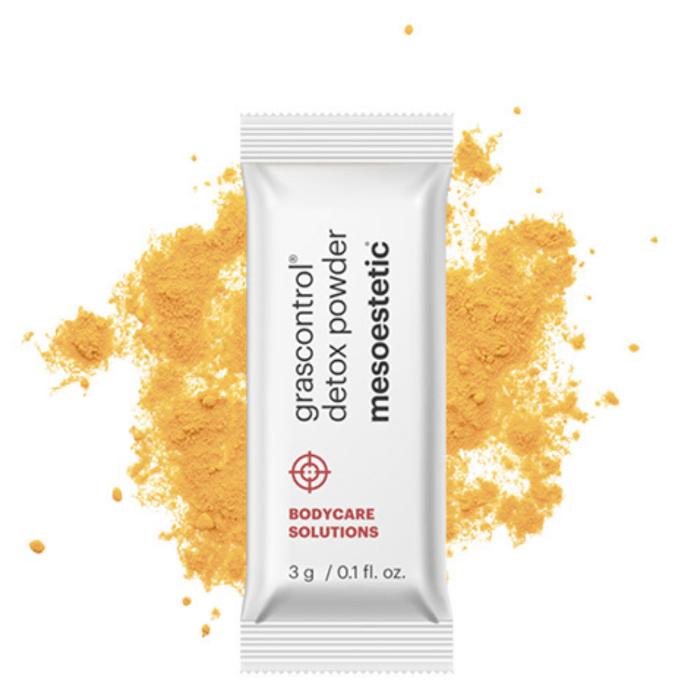 Mesoestetic Grascontrol Detox Powder – Nahaufnahme der Pulvertextur und Sachets