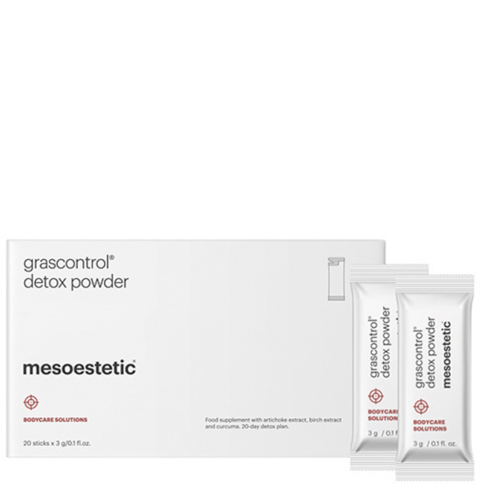 Mesoestetic Grascontrol Detox Powder 20x3g – Produktfoto der Verpackung mit 20 Sachets zur Unterstützung des Wohlbefindens
