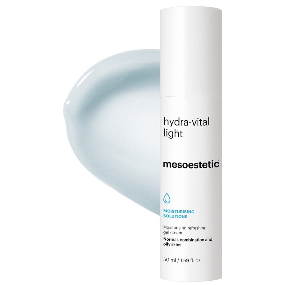 Mesoestetic Hydra-Vital Light 50ml – Leichte Feuchtigkeitscreme zur intensiven Hydratation und Stärkung der Hautbarriere - Hier mit Textur im Hintergrund
