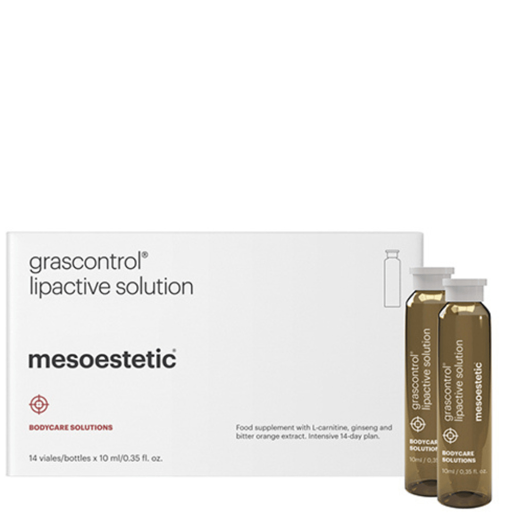 Mesoestetic Grascontrol Lipoactive Solution 10x14ml – Produktfoto der Verpackung mit 10 Fläschchen zur Unterstützung des Fettstoffwechsels