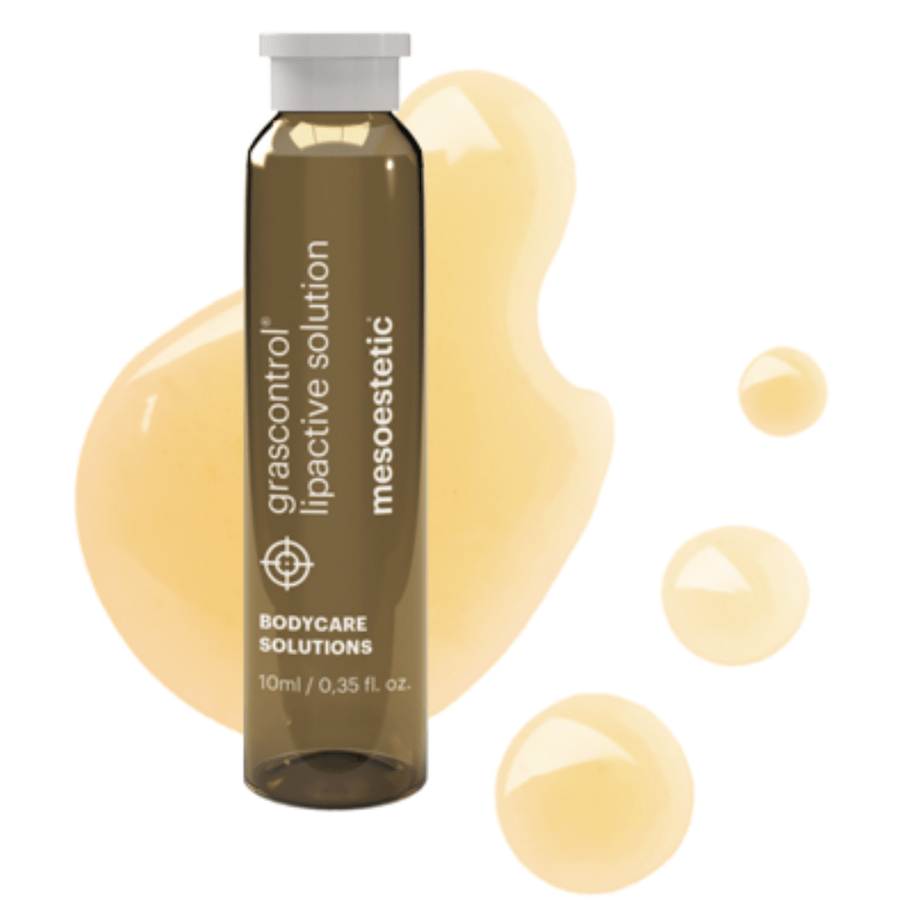 Mesoestetic Grascontrol Lipoactive Solution – Nahaufnahme einer Ampulle und der flüssigen Textur zur Unterstützung des Fettstoffwechsels