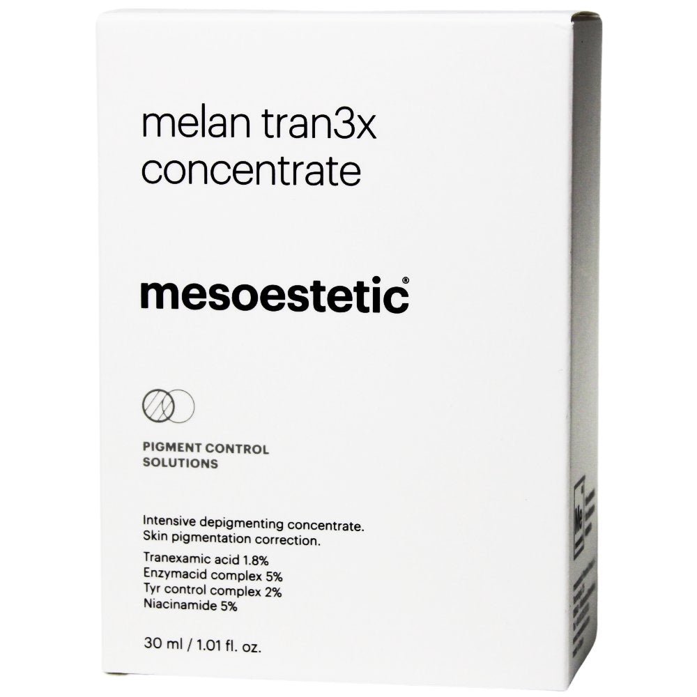 Mesoestetic Melan Tran3x Concentrate 30ml – Intensives Serum zur Behandlung von Hautverfärbungen - Umverpackung