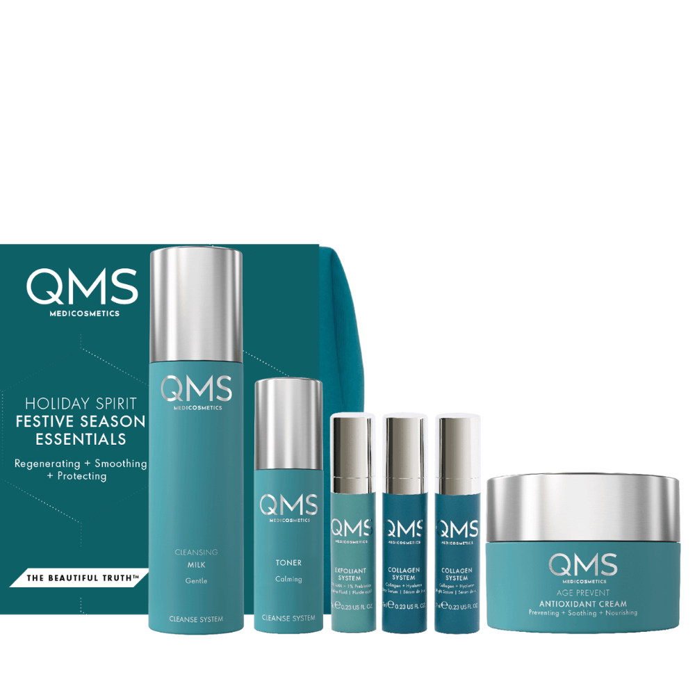 QMS Festive Season Essentials Set mit Anti-Aging Creme, Seren, Toner und Reinigungsmilch in blau-türkisen Verpackungen