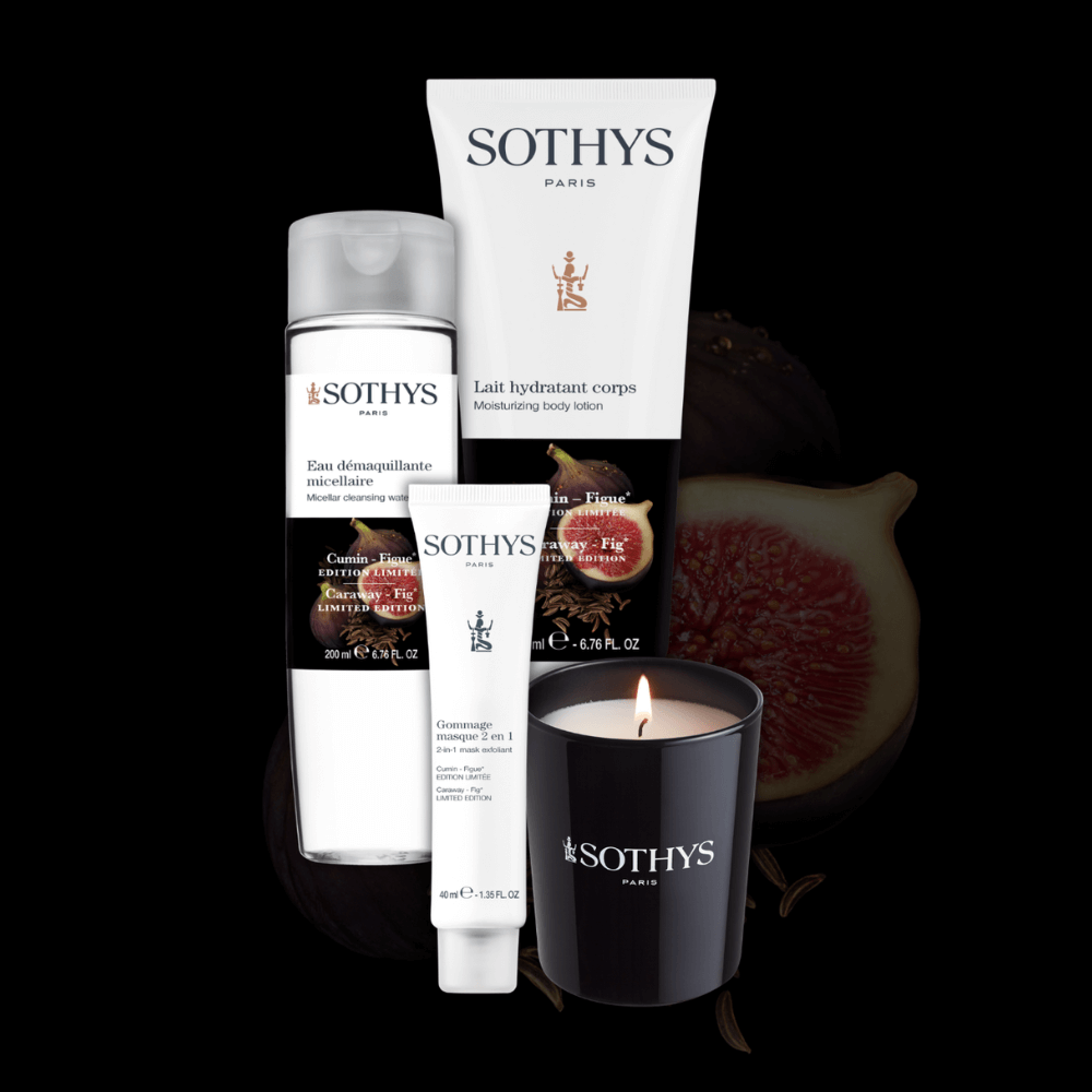 SOTHYS Limited Edition Kümmel & Feige – Pflegeserie mit Mizellen-Reinigungswasser, Körperlotion, 2-in-1 Peeling-Maske und Duftkerze