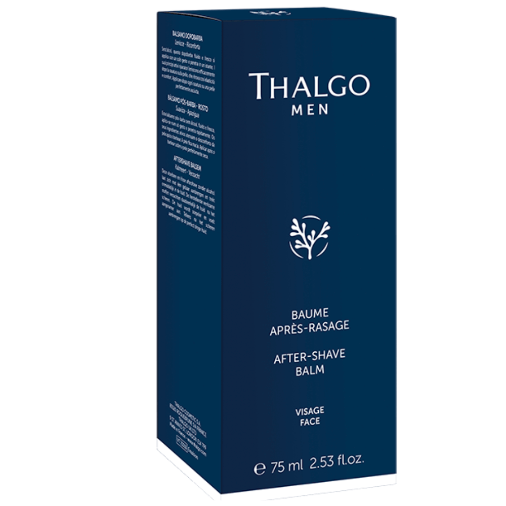 Thalgo Men Aftershave-Balsam 75 ml – Produktverpackung in Blau, alkoholfreier Pflegebalsam für Männer