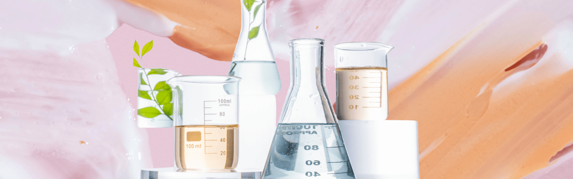 Laborbecher und Reagenzgläser mit klaren Flüssigkeiten und Pflanzenblättern vor hellem Hintergrund – Symbol für wissenschaftlich basierte Hautpflege und Cosmeceuticals.