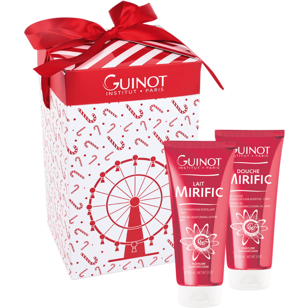 Guinot Mirific Coffret – festlich verpacktes Geschenkset mit Mirific Shower Gel und Mirific Sparkling Lotion, luxuriöse Körperpflege mit Passionflower-Öl für gepflegte, strahlende Haut.