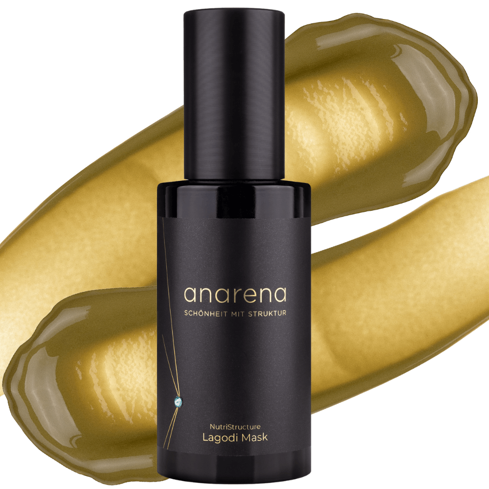 anarena NutriStructure Lagodi Mask – schwarze Spender-Flasche vor goldgrüner Textur der Maske mit cremiger, glatter Konsistenz