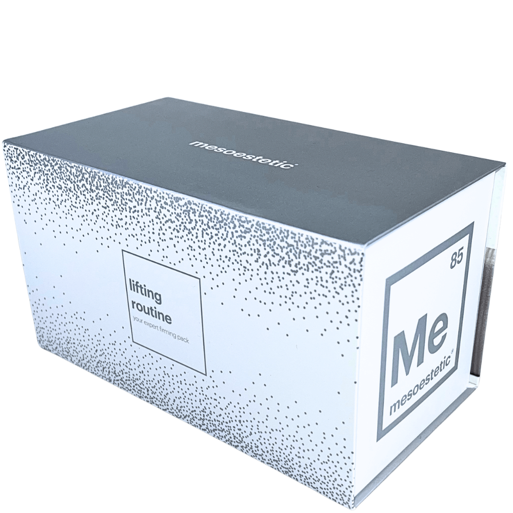 Elegante Verpackung des Mesoestetic Firming Kits – luxuriöses Lifting-Set zur Stärkung der Hautstruktur und Verbesserung der Spannkraft.