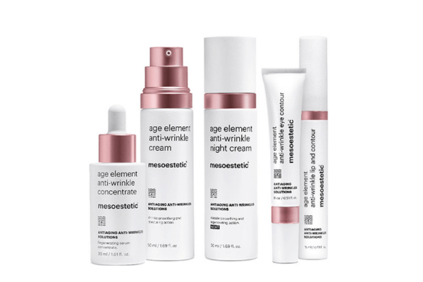 Mesoestetic Age Element Anti-Wrinkle Solutions – fünf Anti-Falten-Produkte in weißem Verpackungsdesign