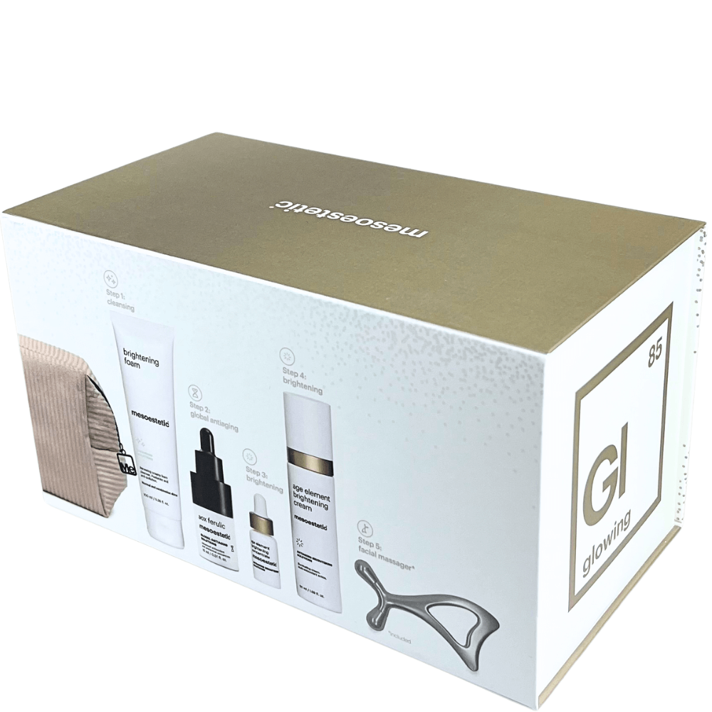 Mesoestetic Age Element Brightening Kit – Glowing Routine. Luxuriöses Aufhellungs-Set mit Vitamin C, Ferulinsäure &amp; Niacinamid für einen gleichmäßigen, strahlenden Teint.