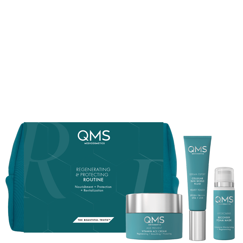 Luxuriöses QMS Geschenkset Regenerating &amp; Protecting Routine – Pflege &amp; Schutz mit Maske, Creme &amp; Sonnenschutz. 