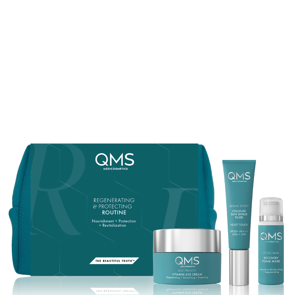 QMS Regenerating & Protecting Routine – Pflege-Set für Schutz, Regeneration & jugendliche Haut. Mit Maske, Vitamin ACE Cream & SPF 50+. Geschenkidee für jeden Anlass.