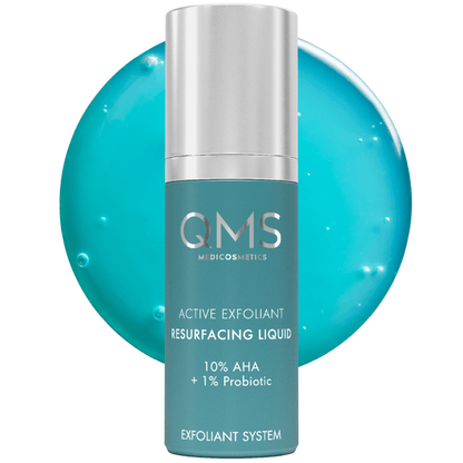 QMS 10% AHA + 1% Probiotic Peeling mit türkisfarbener Geltextur – glättendes Liquid-Peeling