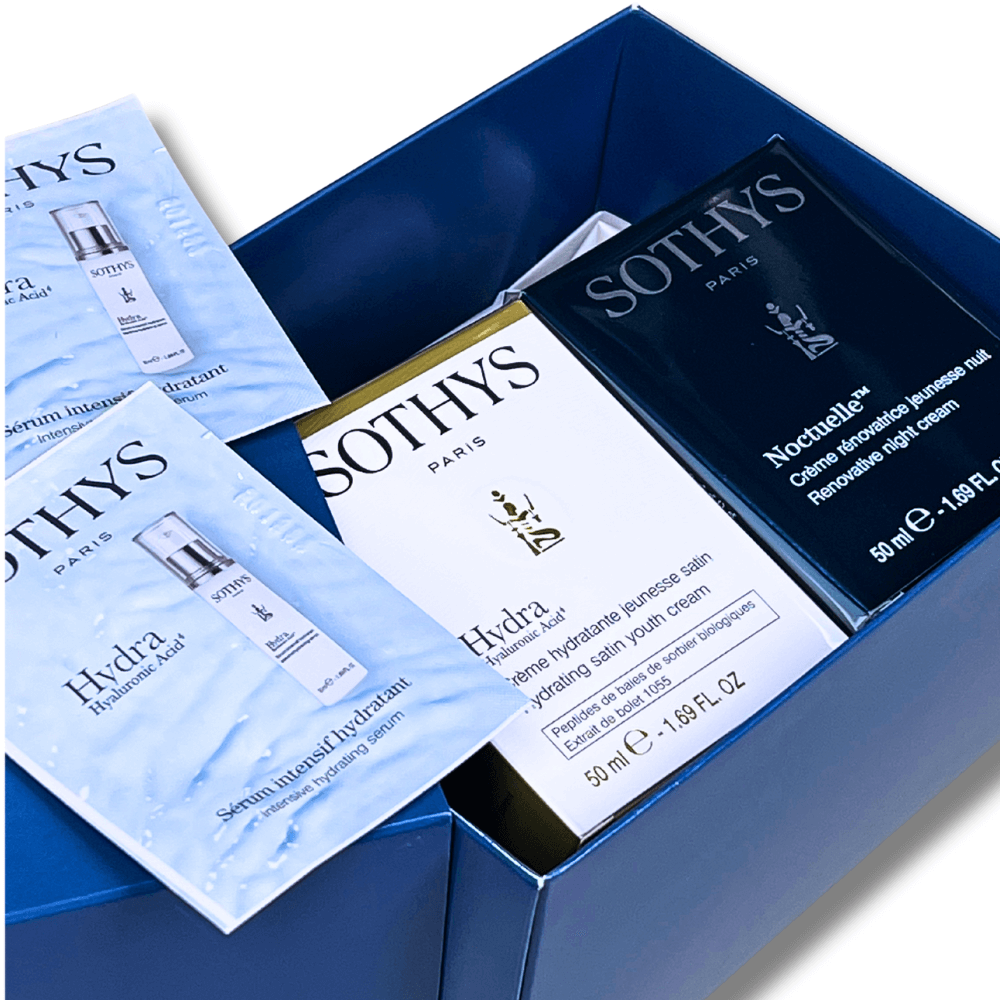 SOTHYS Geschenkset Jeunesse Satin – luxuriöse Tages- und Nachtpflege mit Hyaluronsäure, inklusive Hydra Serum Proben in eleganter blauer Box