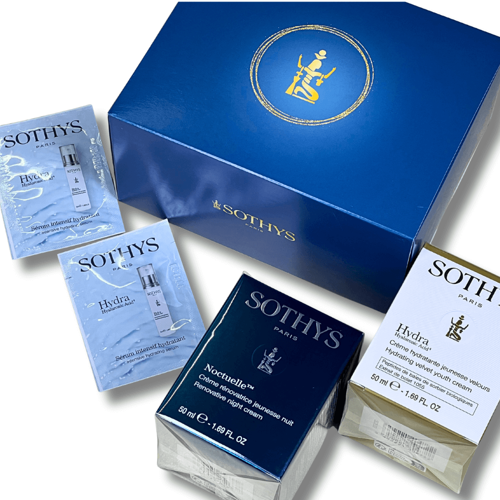 SOTHYS Geschenkset Jeunesse Velours – nährende Tages- und Nachtpflege mit Hyaluronsäure, inklusive Hydra Serum Proben in eleganter blauer Box