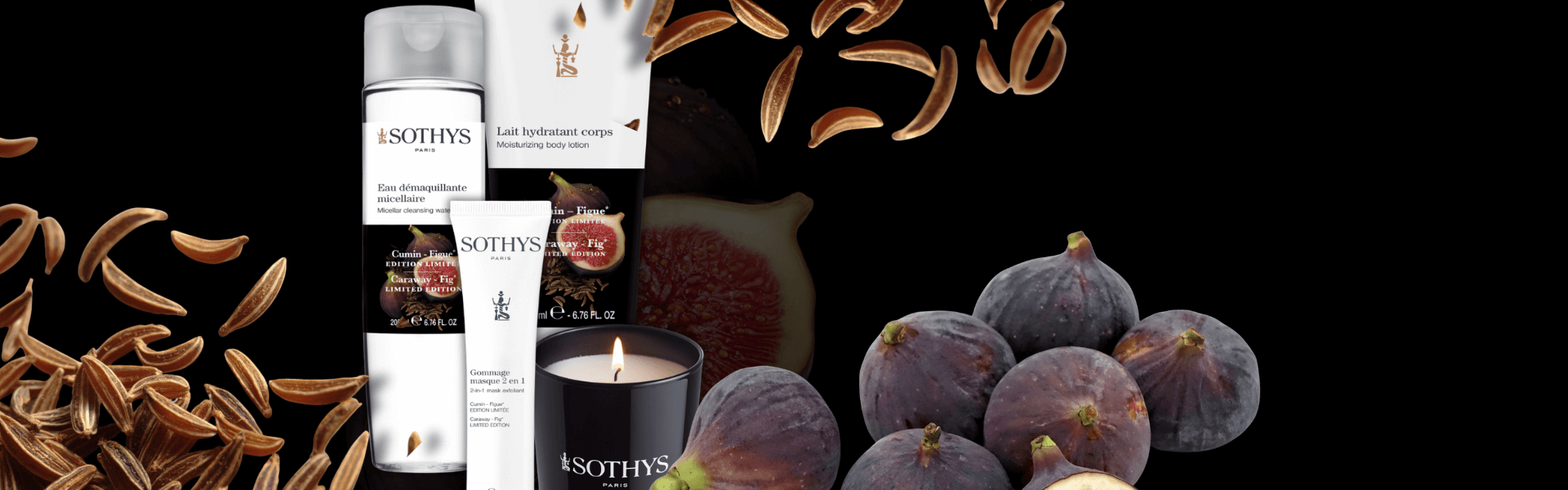 SOTHYS Limited Edition Cumin Figue – Pflegeserie mit Micellar Cleansing Water, Body Lotion, 2-in-1 Peeling-Maske und Duftkerze, umgeben von frischen Feigen