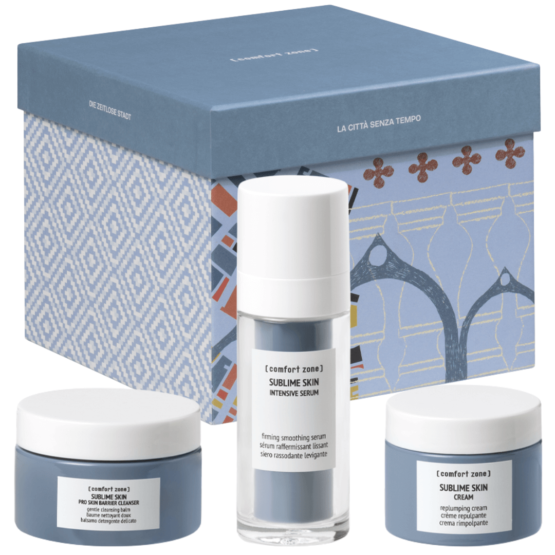 Nahaufnahme des Comfort Zone Sublime Skin The Timeless City Anti-Aging Sets – luxuriöse Pflegeprodukte für glatte, jugendlich wirkende Haut.