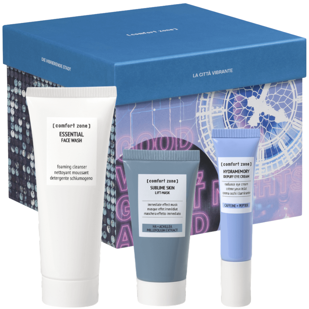 Nahaufnahme des The Bustling City Geschenksets von Comfort Zone – erfrischendes Gesichtspflege-Duo für Energie und Feuchtigkeit im urbanen Alltag.